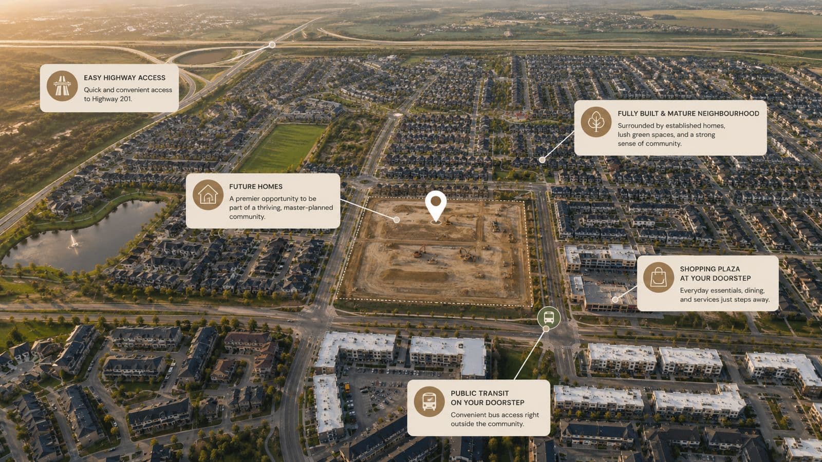 Aerial view of the CalgaryOne community, showing highway access, neighbouring homes, and nearby transit and shopping