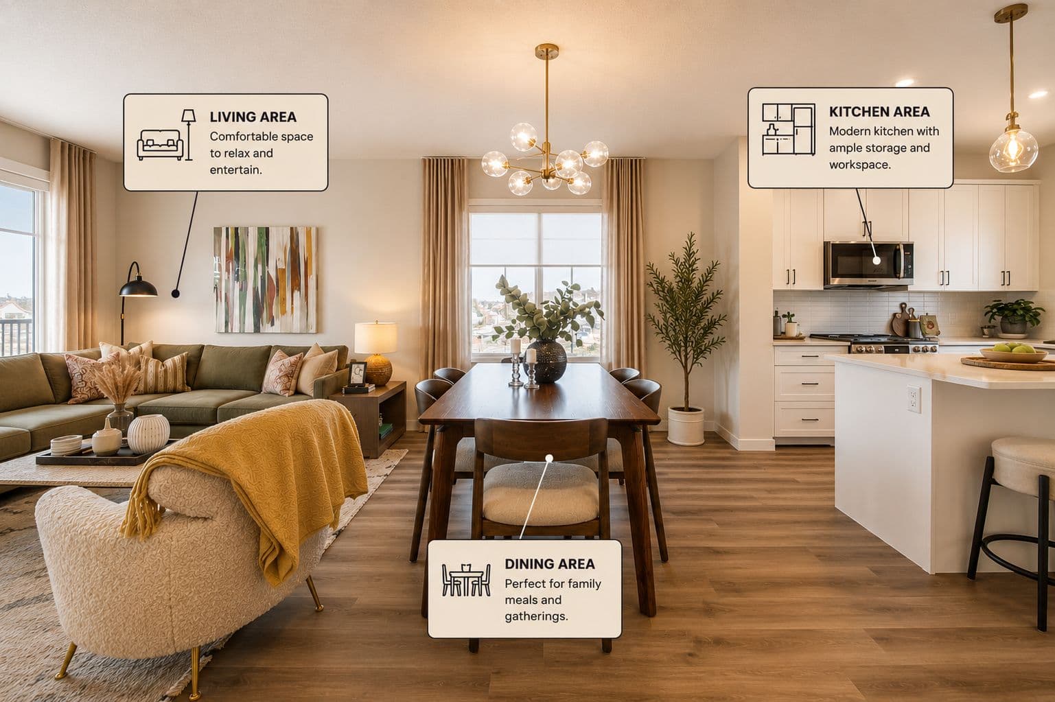 Open-concept living, dining & kitchen